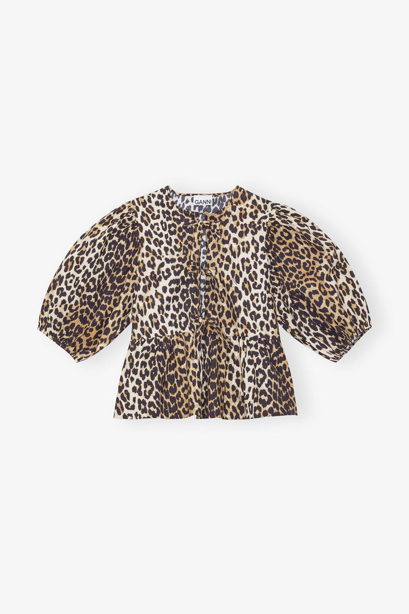 Leopard Cotton Poplin Peplum Tie Blouse Product Image