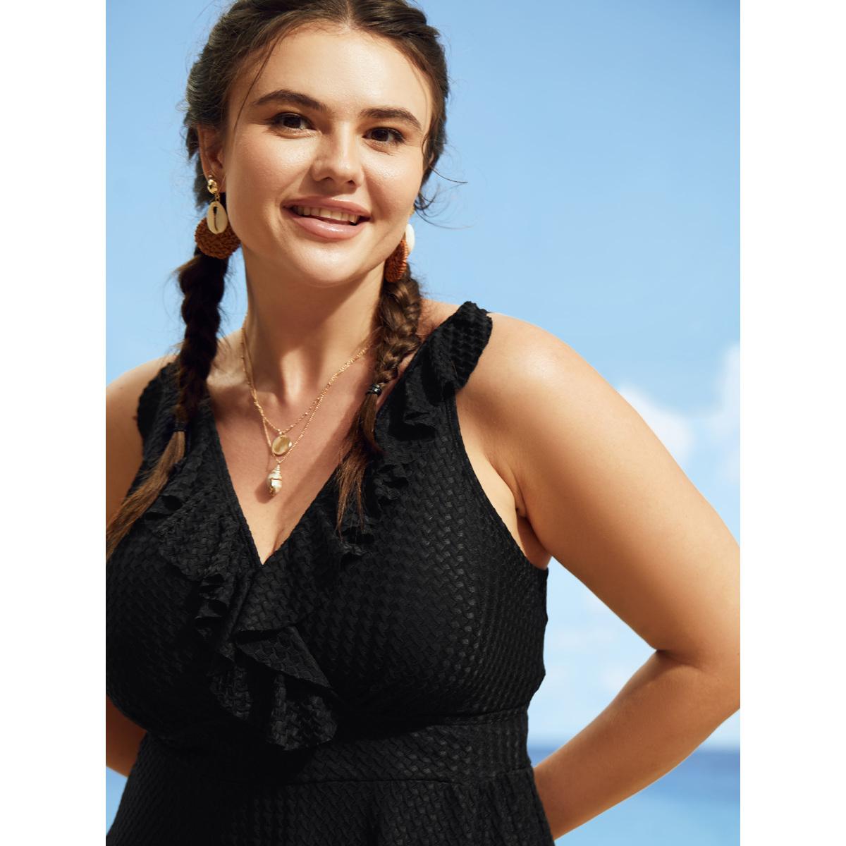 Plus Size V Neck Solid Textured Ruffle Trim Swim Dress Women's Swimwear Black Beach Bodycon V-neck High stretch Curve Swim Dresses BloomChic 14-16/1X Product Image