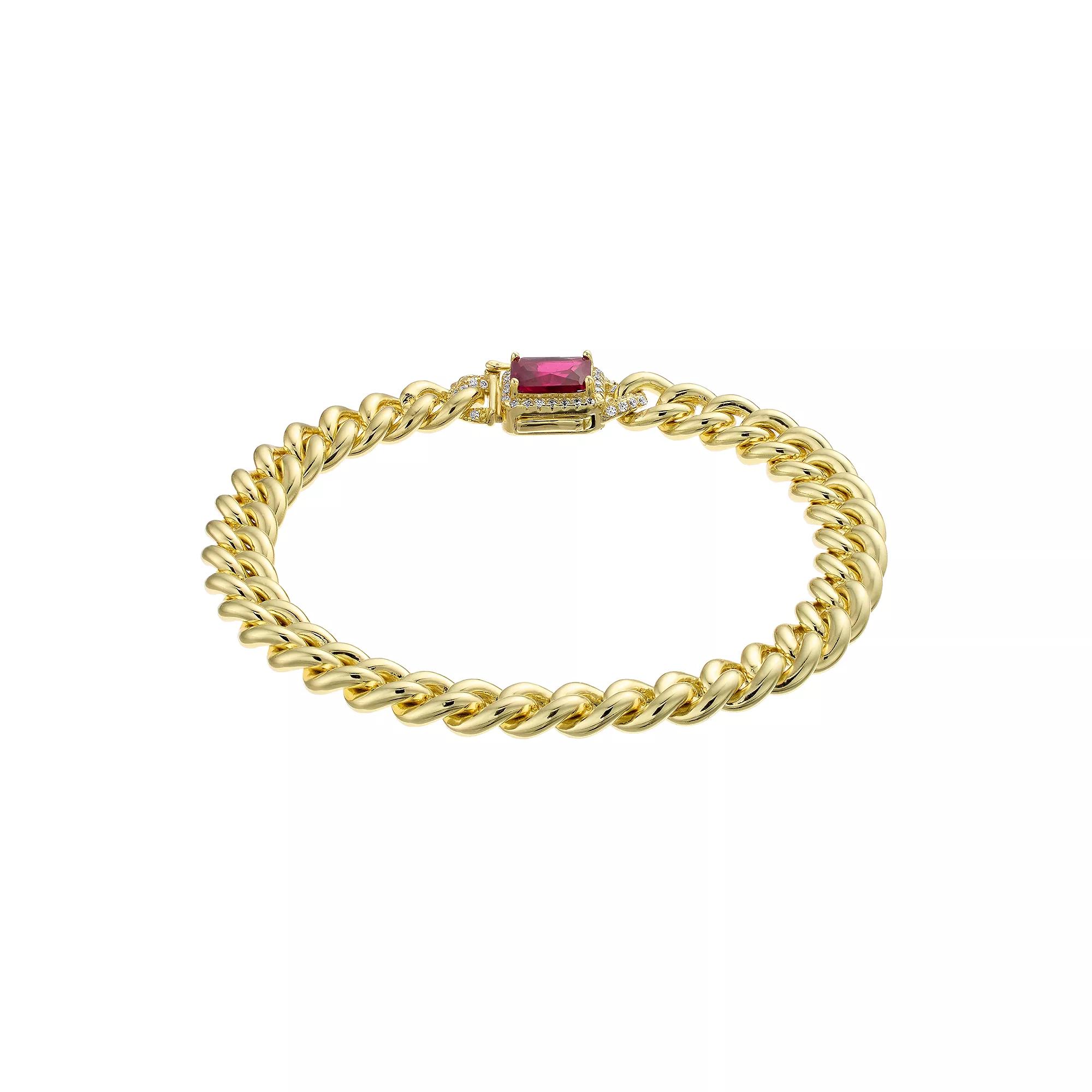 14k Gold Over Silver Red & White Cubic Zirconia Halo Curb Chain Bracelet, Womens Gold Tone Product Image