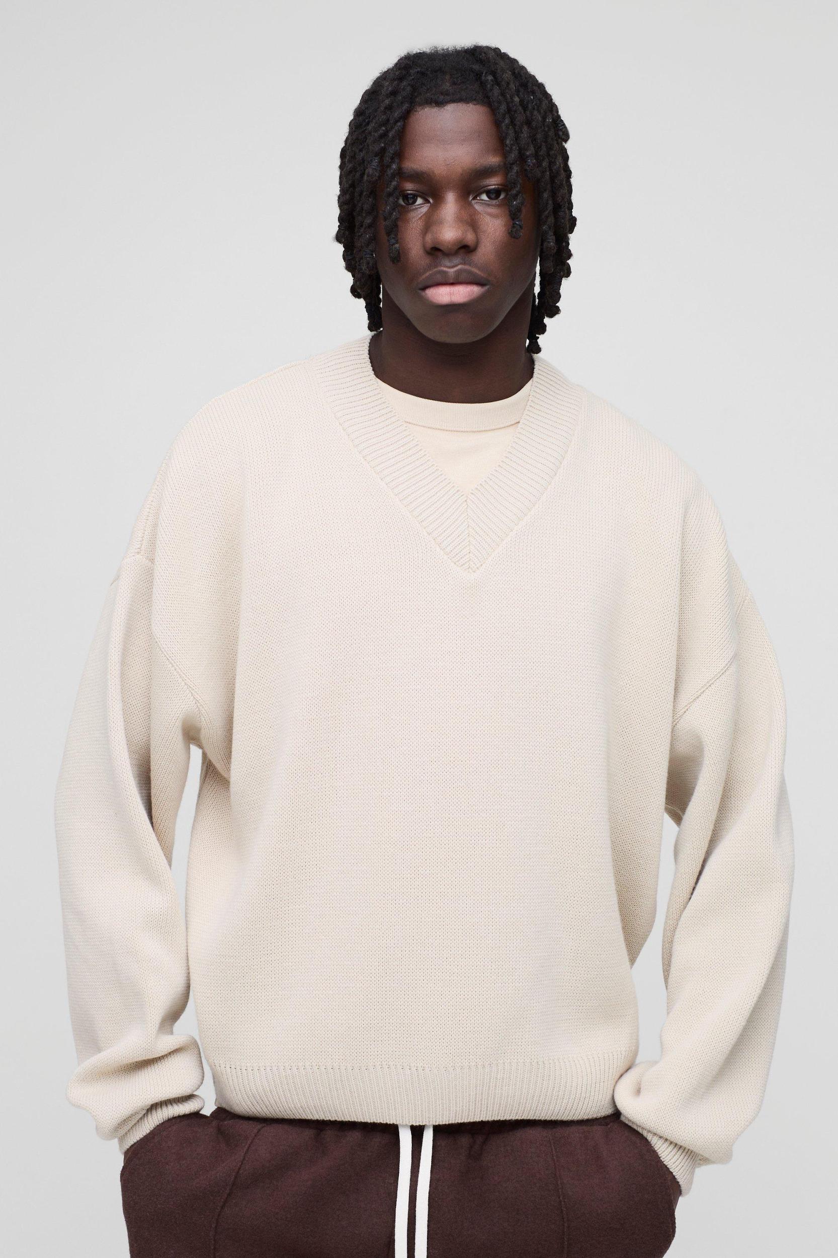 Oversized Boxy V Neck Knitted Sweater | boohooMAN USA Product Image