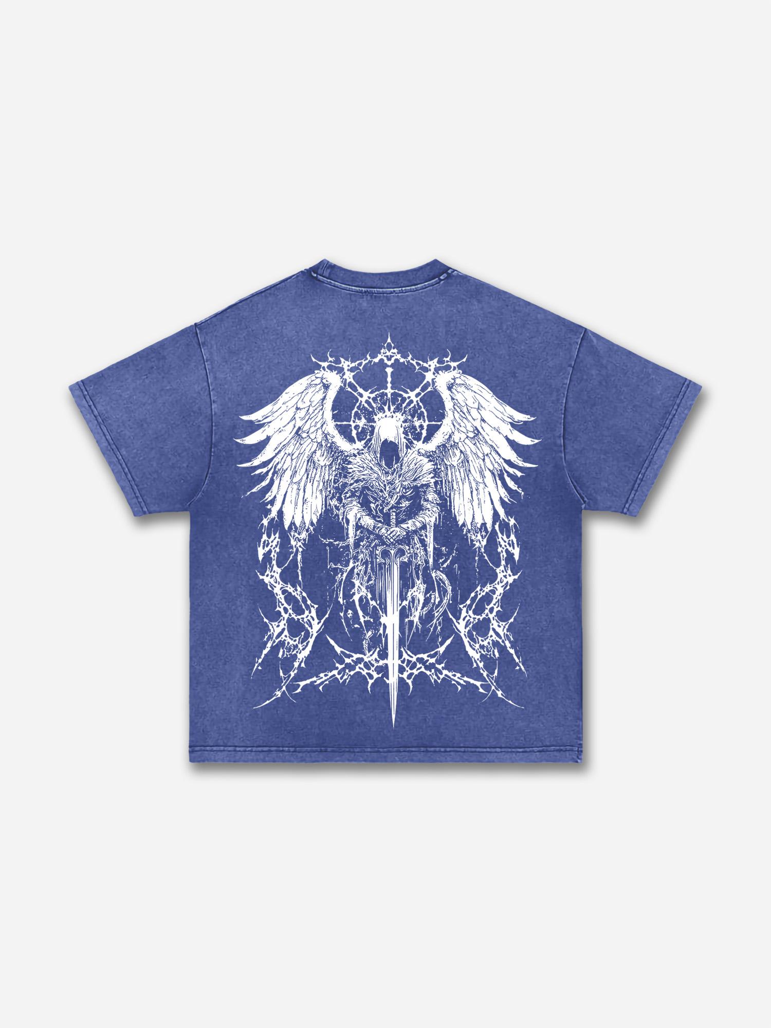 Sopula Vintage Angel Pattern Cross Faith Print Acid Washed T-shirt Product Image