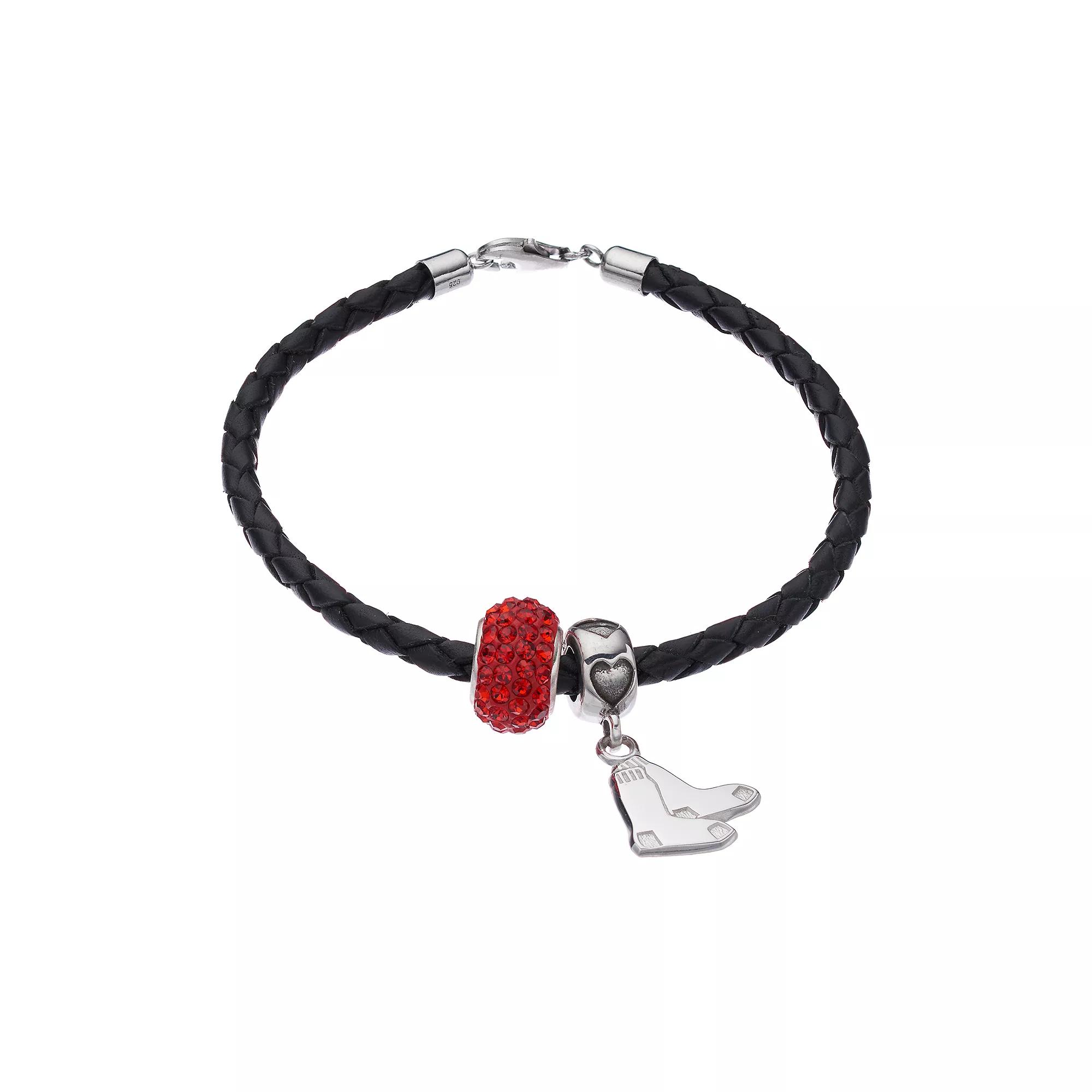 LogoArt Boston Red Sox Crystal Sterling Silver & Leather Charm Bracelet, Women's, Size: 7.5", Black Product Image