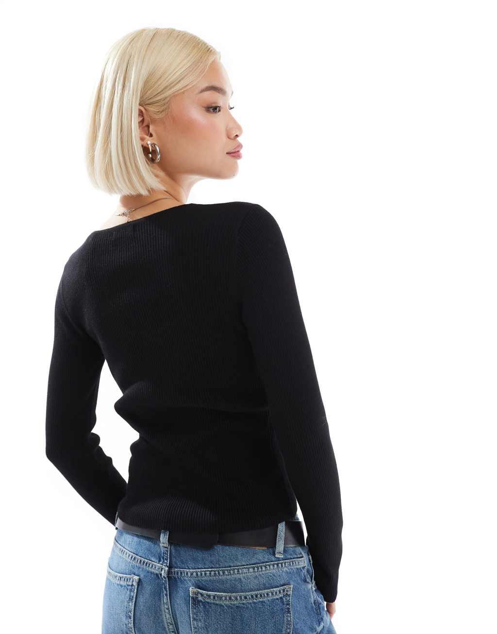 Stradivarius fitted ribbed cardigan in black Product Image