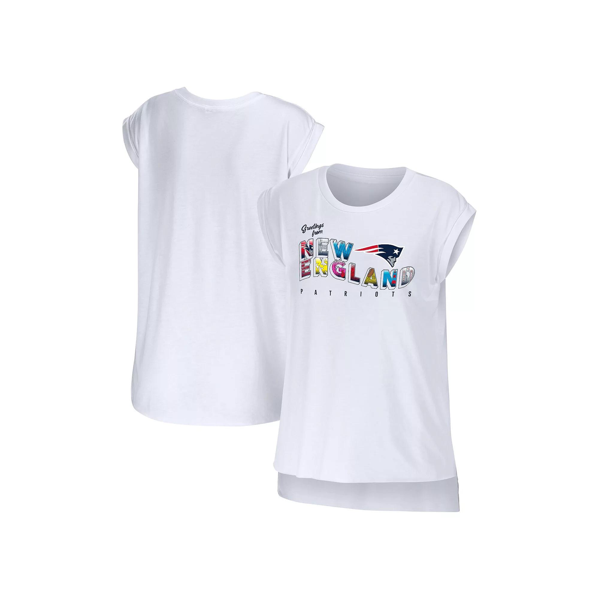 Women's WEAR by Erin Andrews White New England Patriots Greetings From Muscle T-Shirt,  Product Image
