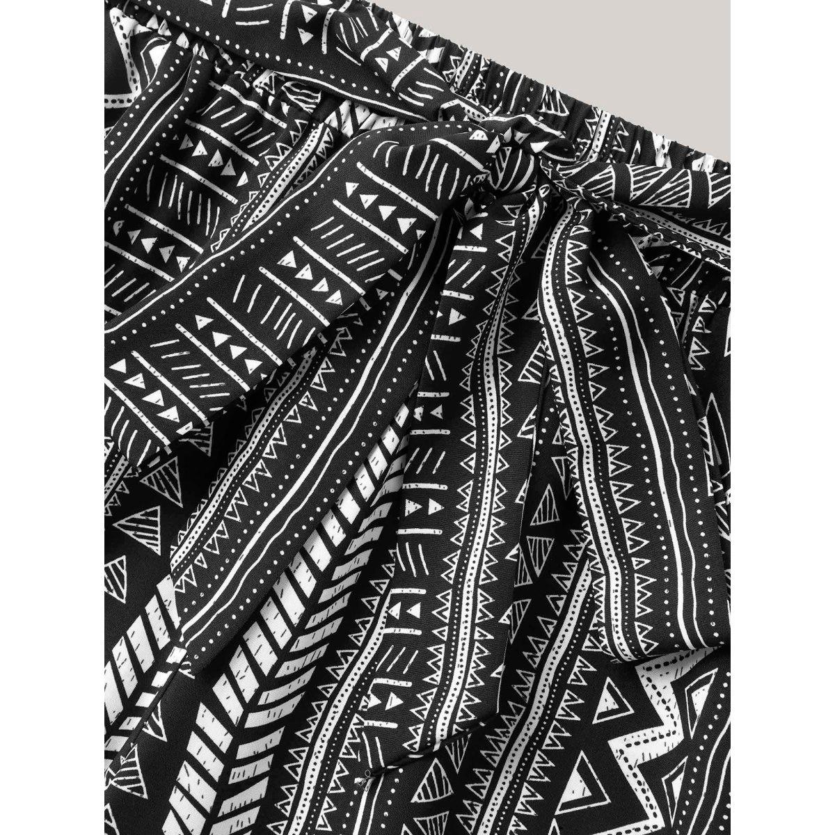 Plus Size Waist-Tie Wide-Leg Boho Print Pants Women Black Casual Wide Leg Mid Rise Everyday-Casual Pants BloomChic 28/5X Product Image