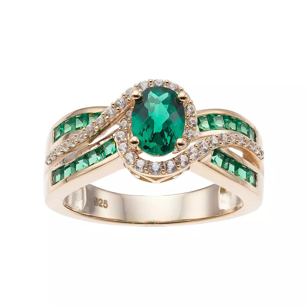 14k Gold Over Silver Lab-Created Emerald & White Sapphire Oval Halo Ring, Women's, Size: 6, Gold Tone Product Image