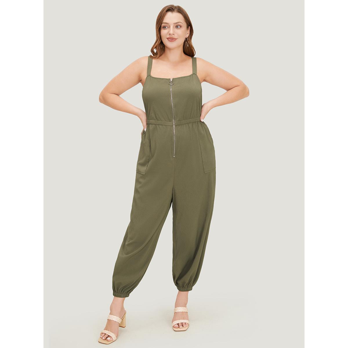 Plus Size ArmyGreen Solid Pocket Zip Up Cami Jumpsuit Women Casual Sleeveless Spaghetti Strap Dailywear Loose Jumpsuits BloomChic 18-20/2X Product Image