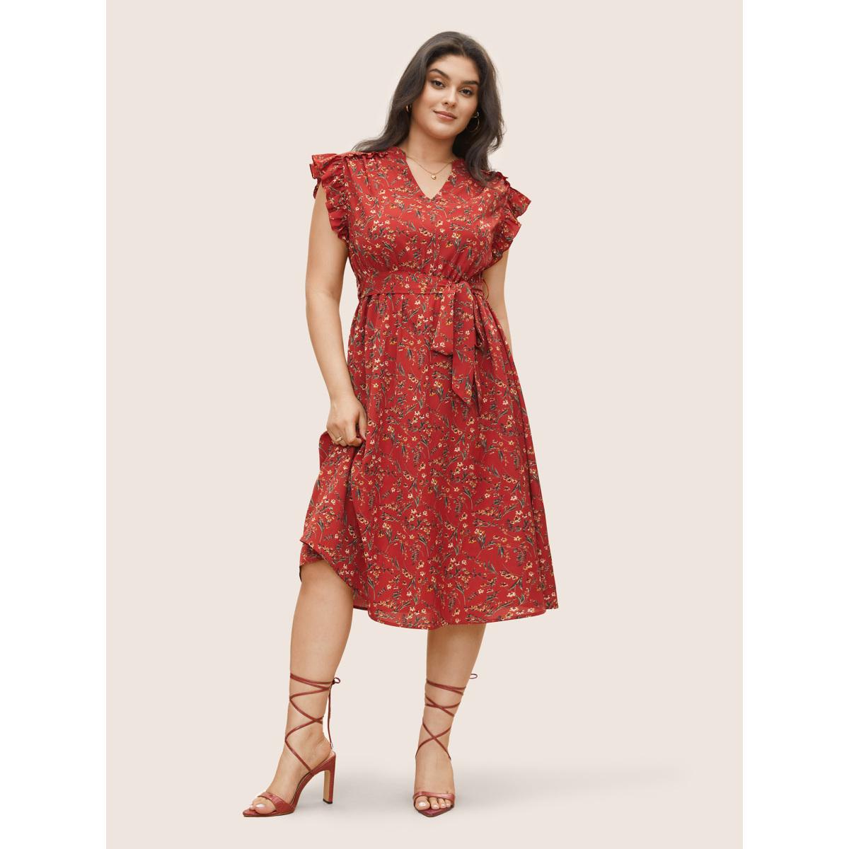 Plus Size Floral Print Frill Notched Flutter Sleeve Dress Raspberry Women Timeless Non Notched collar Sleeveless Curvy Midi Dress BloomChic 18-20/2X Product Image