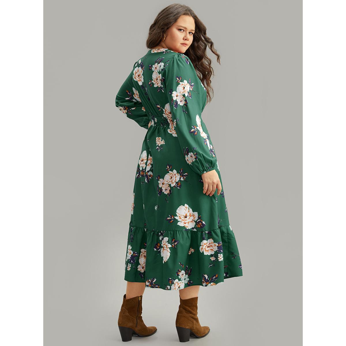 Plus Size Floral Print Notched Shirred Elastic Cuffs Dress DarkGreen Women Elegant Elastic cuffs Notched collar Long Sleeve Curvy Midi Dress BloomChic 26/4X Product Image