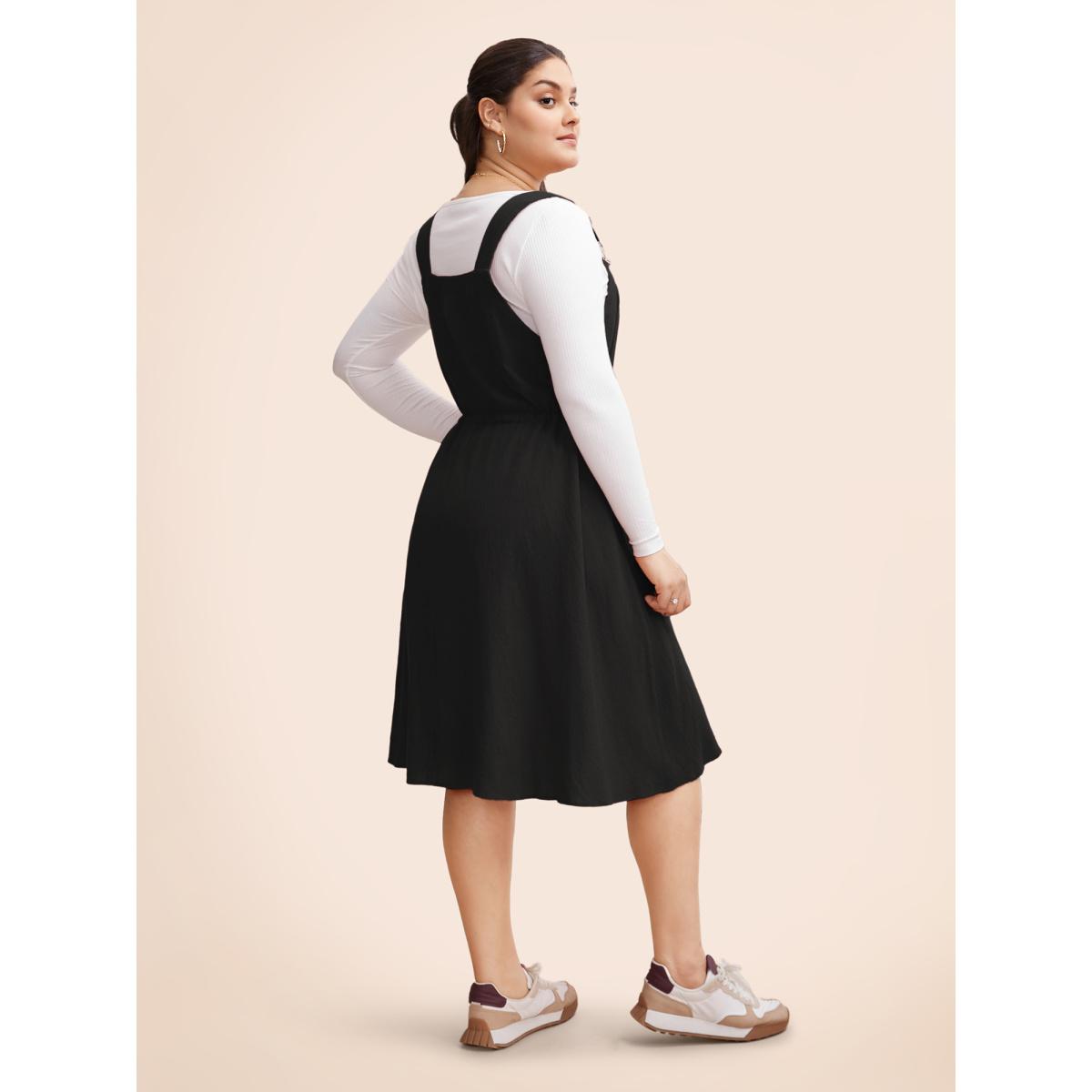 Plus Size Plain Drawstring Pocket Metal Detail Suspender Skirt Black Women Casual Adjustable Straps Spaghetti Strap Sleeveless Curvy Midi Dress BloomChic 22-24/3X Product Image