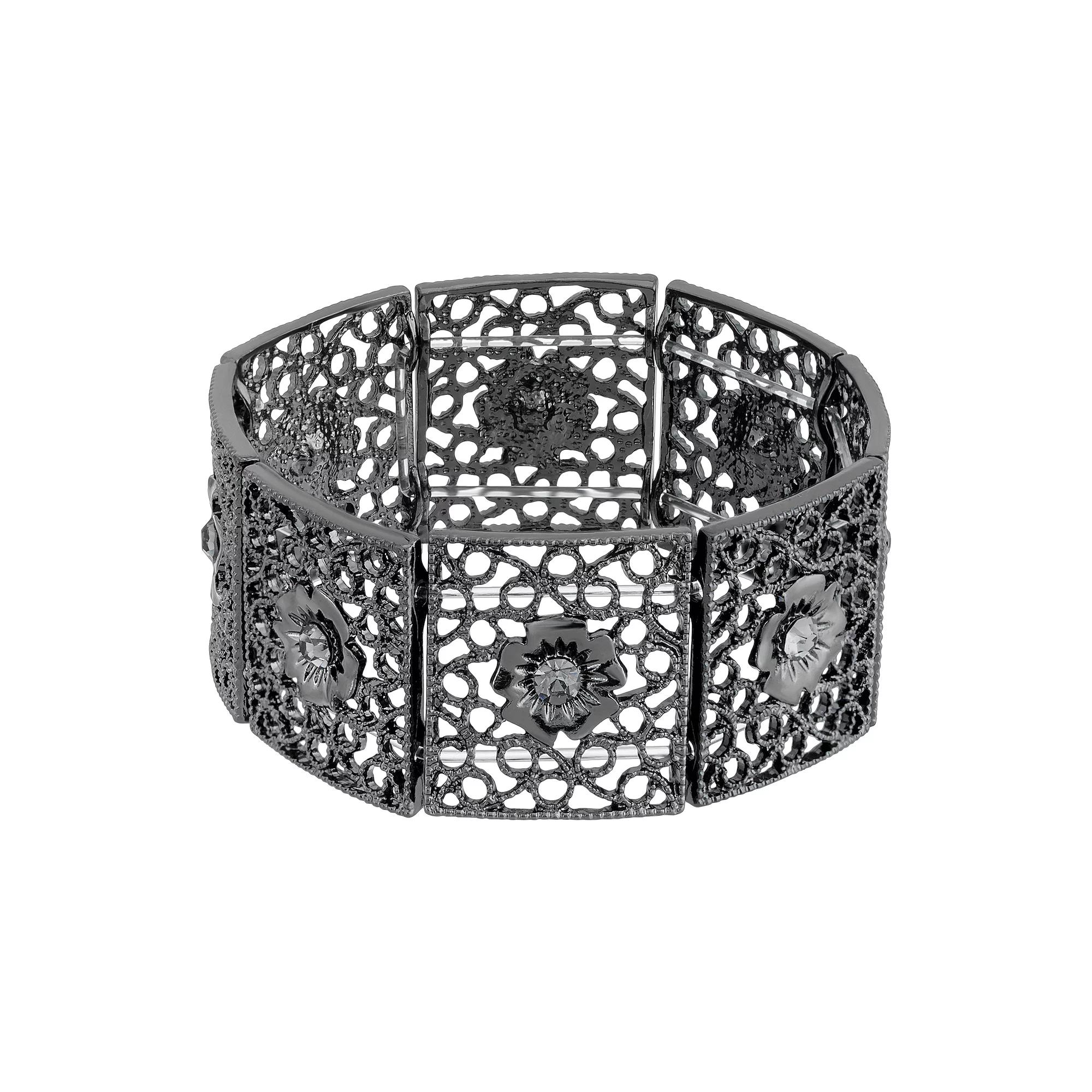 1928 Jet Tone Filigree Stretch Bracelet, Womens, Black Product Image