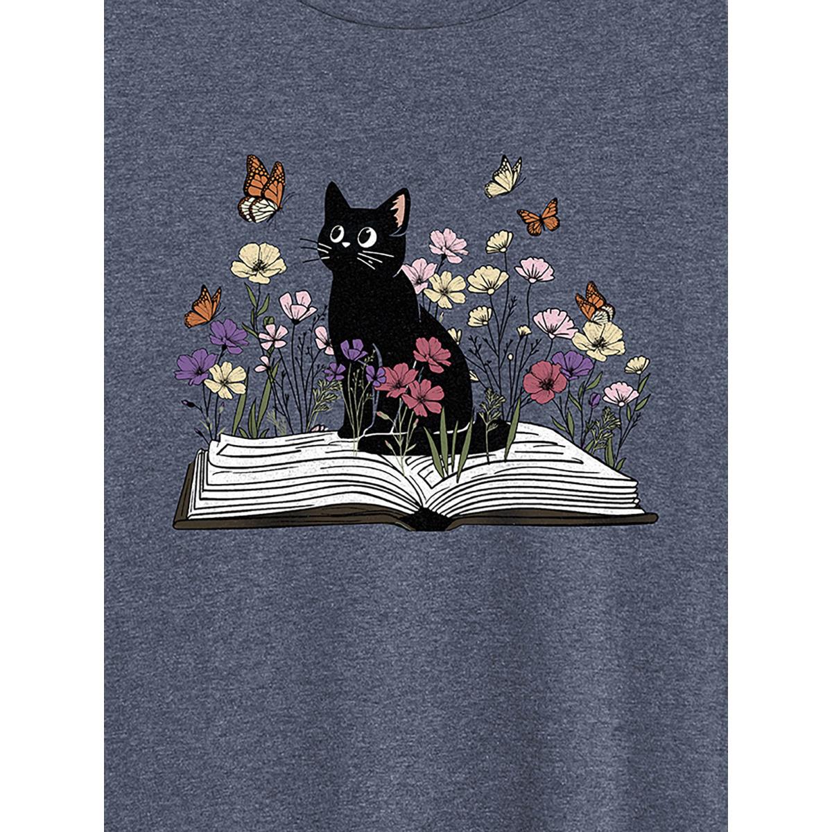 Plus Size Bookish Cat Printed Round Neck T-Shirt Indigo Women Non Animals Round Neck Everyday-Casual T-shirts BloomChic 22-24/3X Product Image