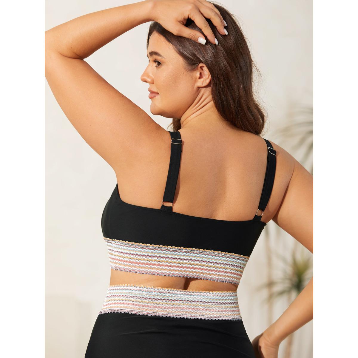 Plus Size Patchwork Ruched Drawstring Swim Top Women's Swimwear Black Resort Patchwork High stretch Skinny Non Curve Swim Tops BloomChic 18-20/2X Product Image