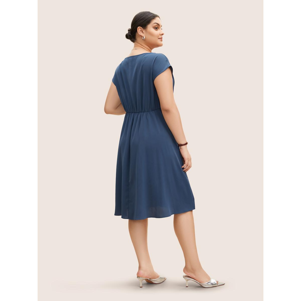 Plus Size Round Neck Striped Tie Knot Cap Sleeve Dress DarkBlue Women At the Office Tie knot Round Neck Cap Sleeve Curvy BloomChic 12/L Product Image