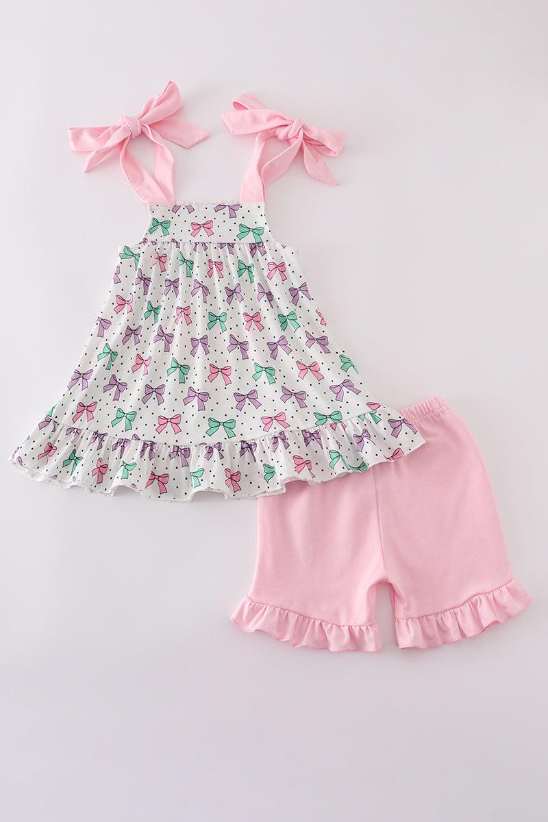 Pink bow embroidery ruffle shorts set Product Image
