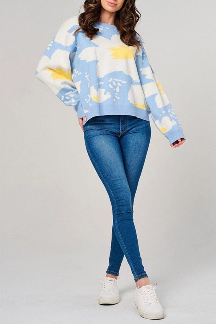 Floral Patter Knit Long Sleeve Pullover Sweater Product Image