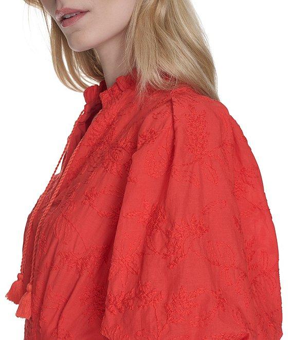 Eliza J Ruffle Stand Collar Short Puff Sleeve Emrboidered Cotton Fit & Flare Dress Product Image