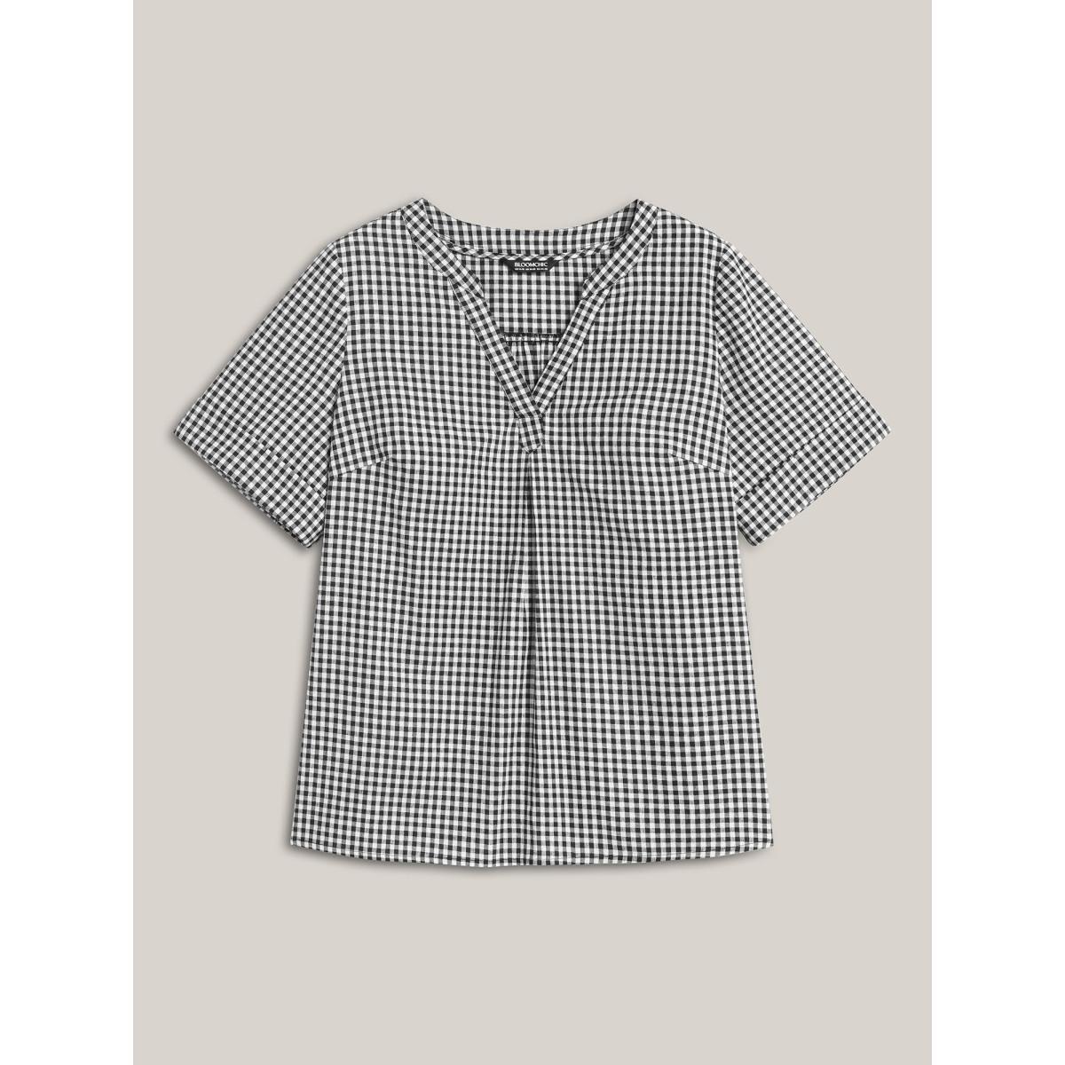 Plus Size Black Plaid Print Notched Collar Pleated Blouse Women At the Office Short sleeve V-neck Work Blouses BloomChic 14-16/1X Product Image