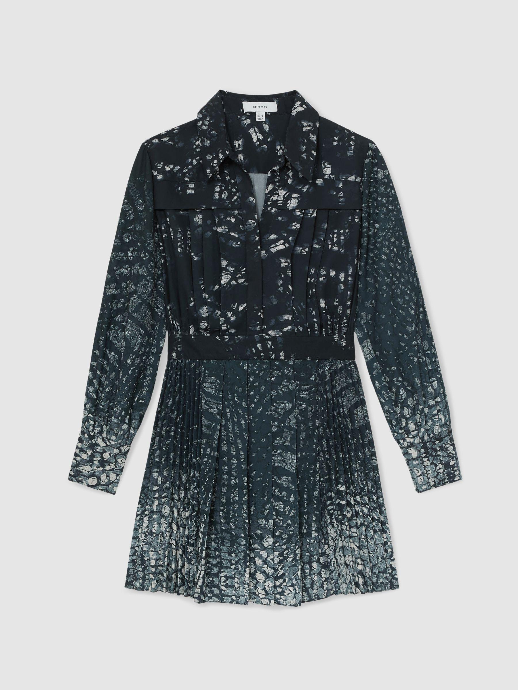 Printed Pleated Shirt Dress in Navy Product Image