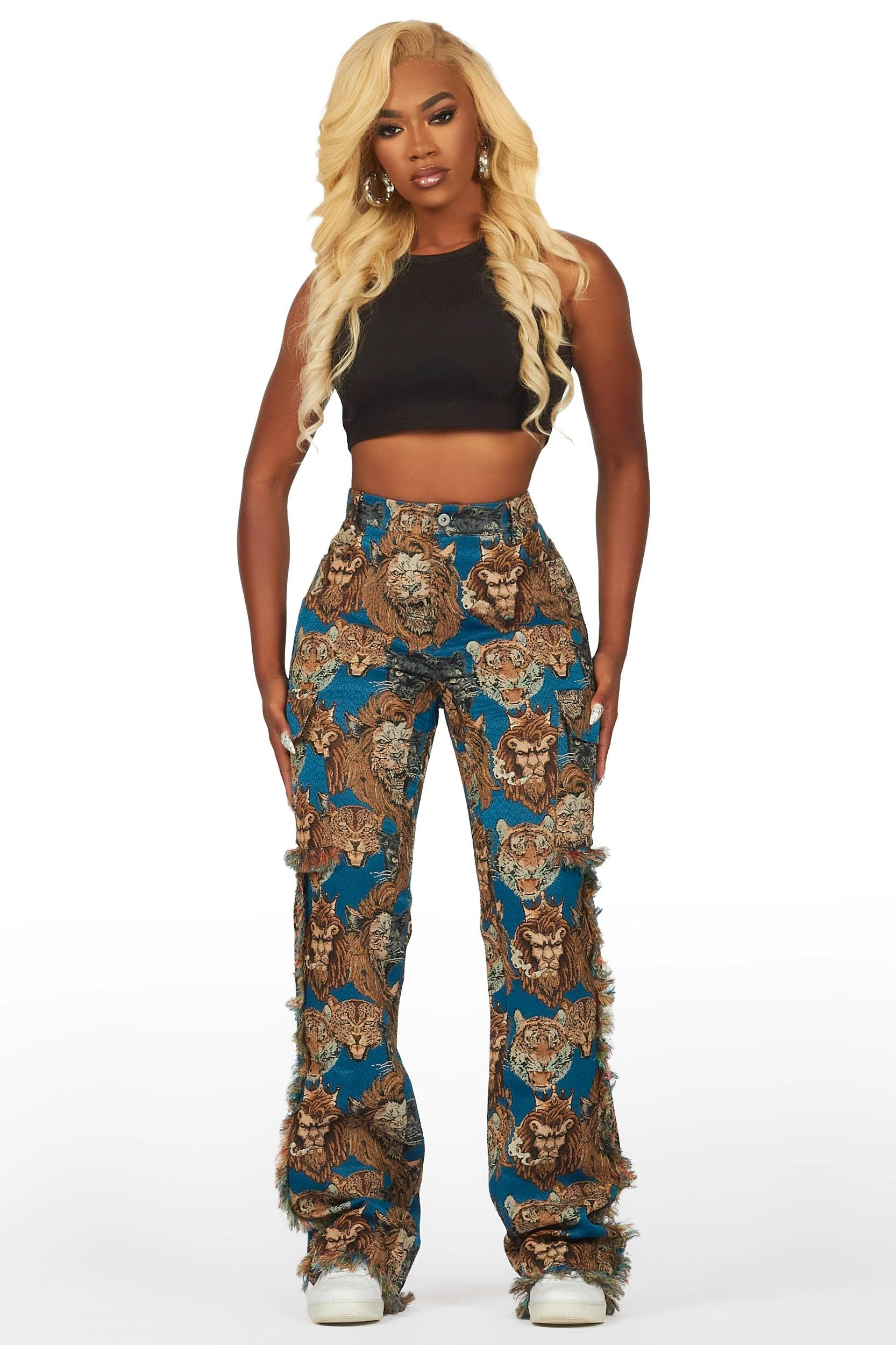 Khadiyah Blue Animal Print Tapestry Stacked Pant Female Product Image