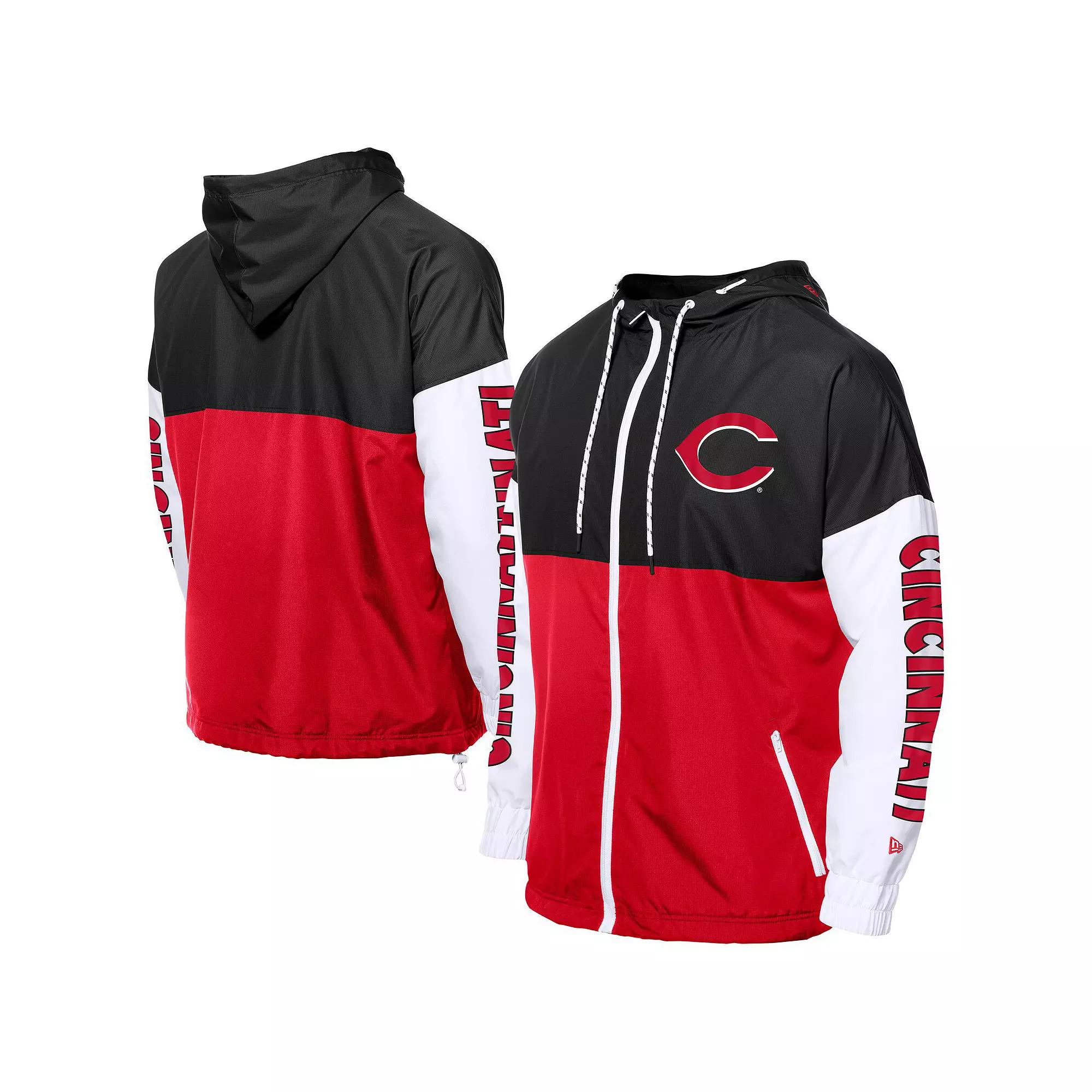 Men's New Era Red/Black Cincinnati Reds Color Block Full-Zip Hoodie Windbreaker,  Product Image