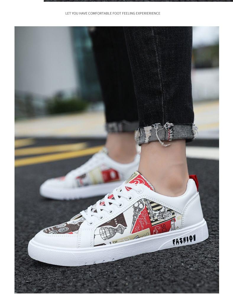 Lettering Print Lace-Up Faux Leather Sneakers Product Image