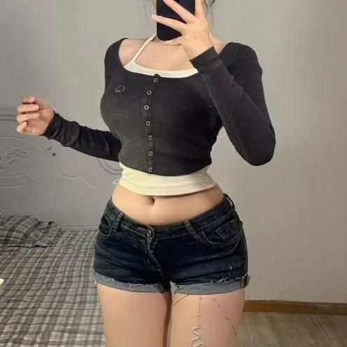 Low Rise Washed Denim Shorts Product Image