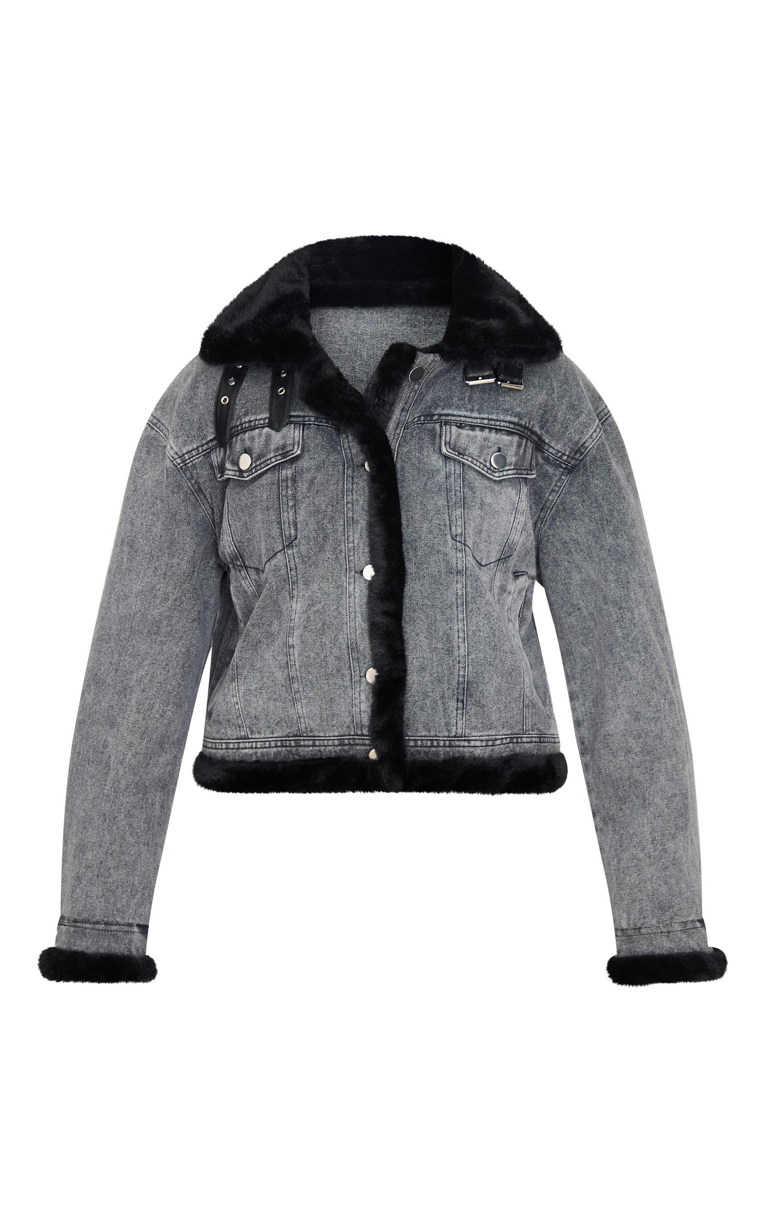 Grey Soft Faux Fur Aviator Style Denim Jacket Product Image