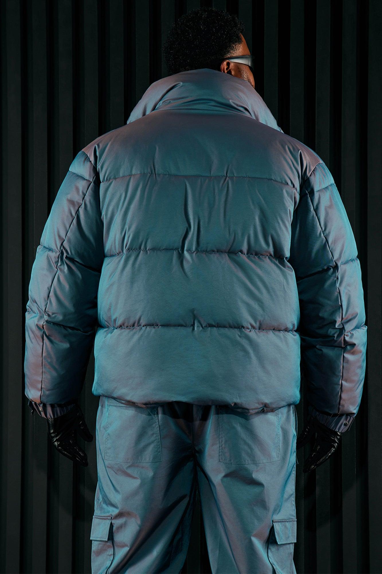 Stormy Iridescent Nylon Cropped Puffer Jacket - Blue Product Image