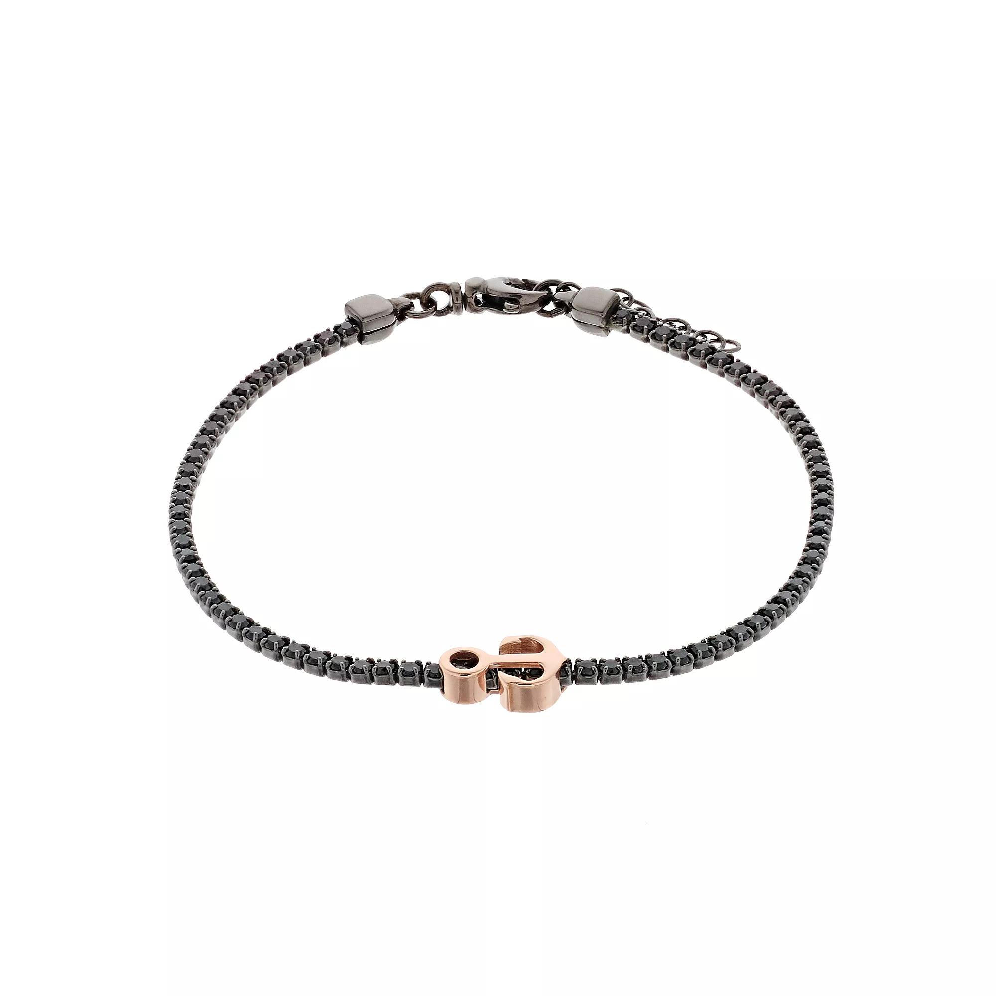 Two Tone Sterling Silver Cubic Zirconia Anchor Bracelet, Womens Product Image