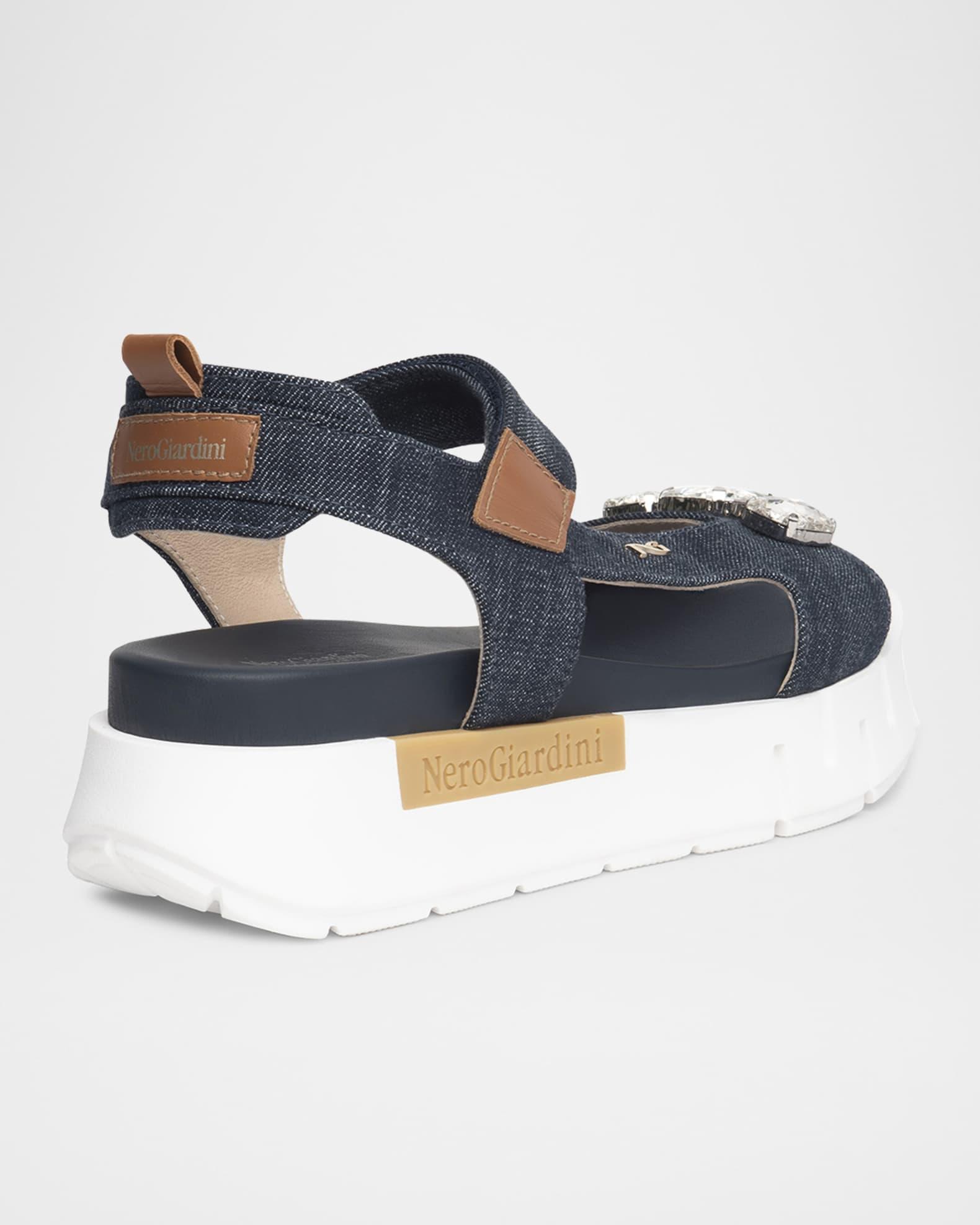 Stone Embellished Denim and Leather Sandals Product Image