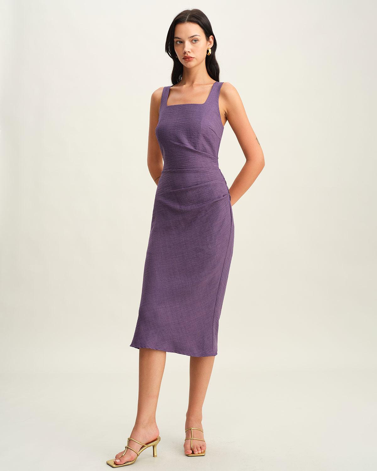 Purple Square Neck Slip Midi Dress Product Image