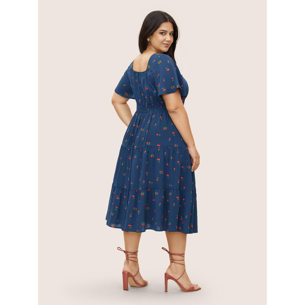 Plus Size Citrus Fruit Print Heart Neckline Drawstring Pleated Dress DarkBlue Women Elegant Pleated Heart neckline Short sleeve Curvy Midi Dress BloomChic 14-16/1X Product Image