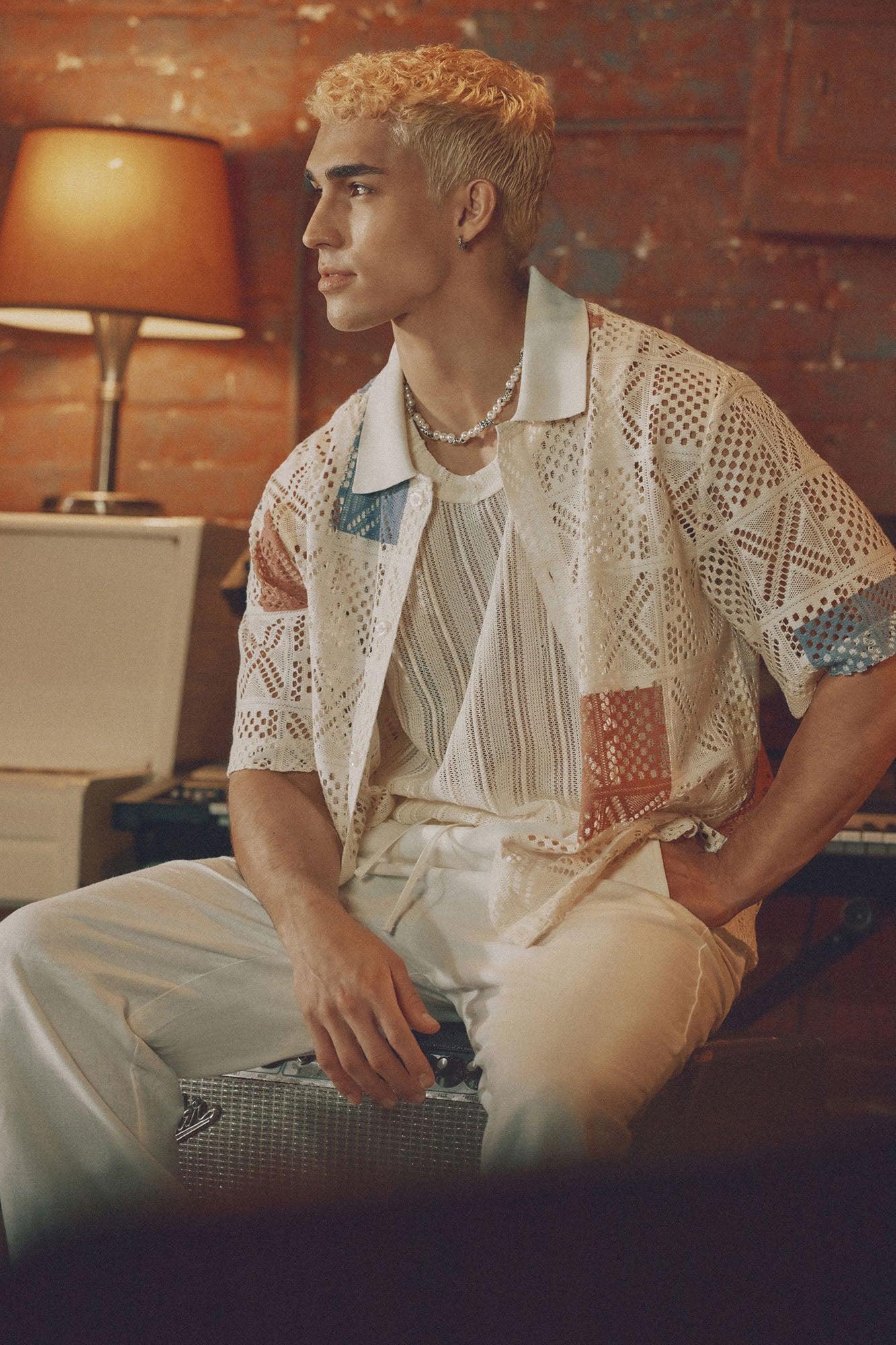 Mosaic Crochet Short Sleeve Full Button Shirt - Multi Color Product Image