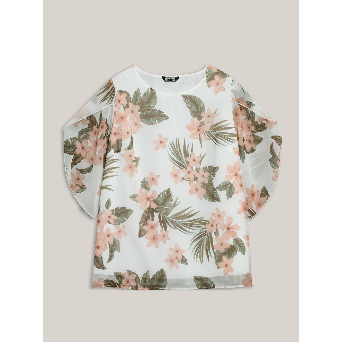 Plus Size WhiteSmoke Petal Sleeve Floral Round Neck Shirt Women Resort Elbow-length sleeve Round Neck Vacation Blouses BloomChic 26/4X Product Image