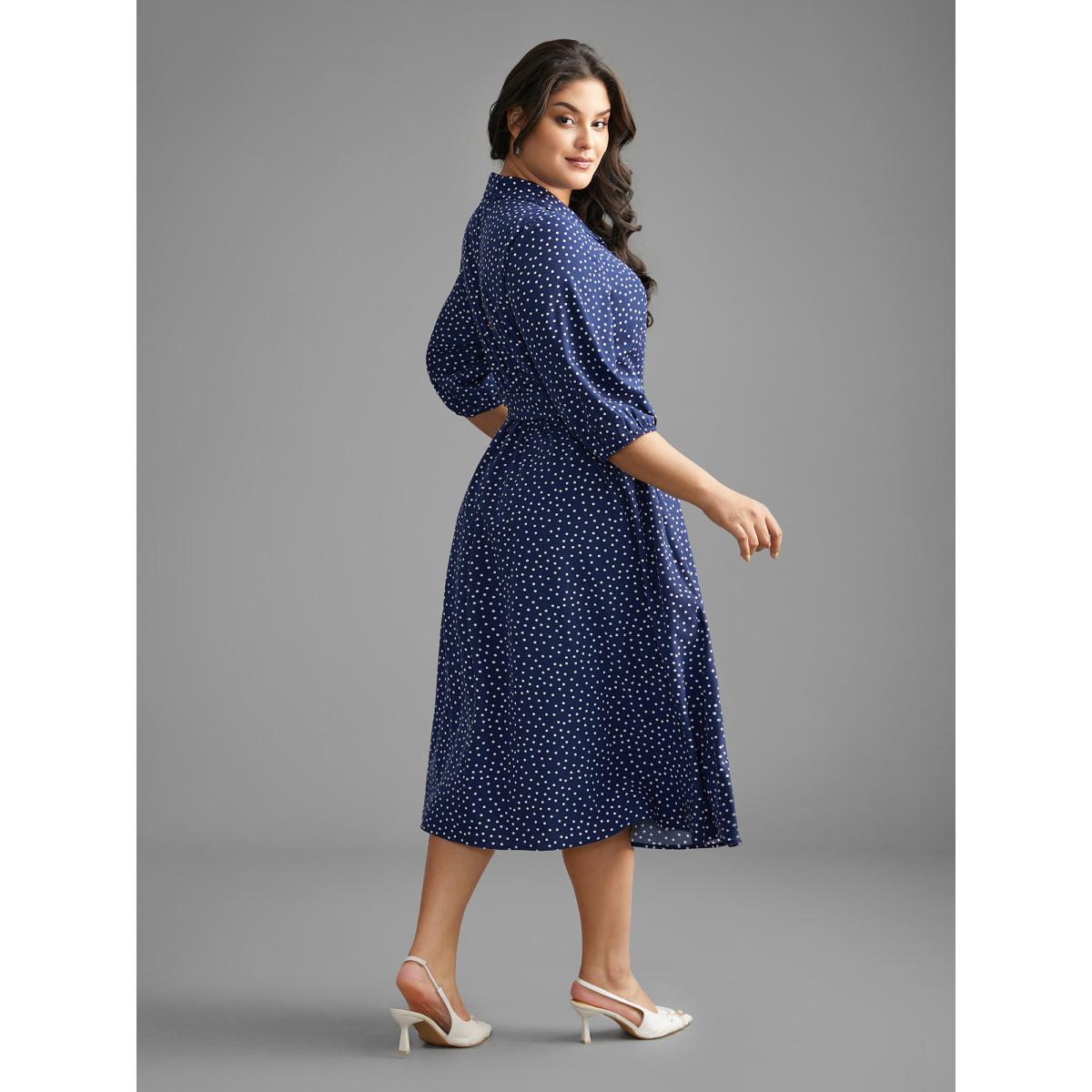 Plus Size Polka Dot Shirt Collar Belted Dress DarkBlue Women At the Office Belted Shirt collar Elbow-length sleeve Curvy BloomChic 30/6X Product Image