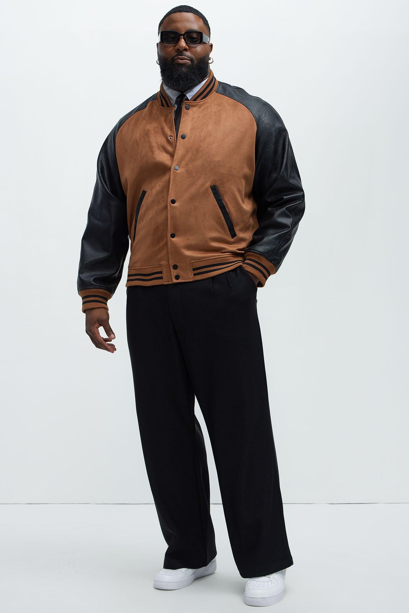 Faux Suede Raglan Varsity Jacket - Camel/combo Product Image