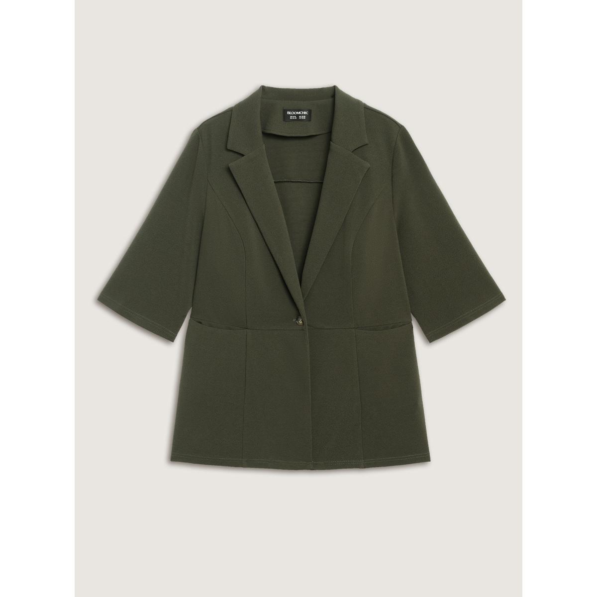 Plus Size Stretchy Textured Cinched Flared Waist Blazer ArmyGreen Women Office Texture Sleeve Elbow-length sleeve Suit Collar 28/5X Single-flap pocket Office Blazers BloomChic Product Image