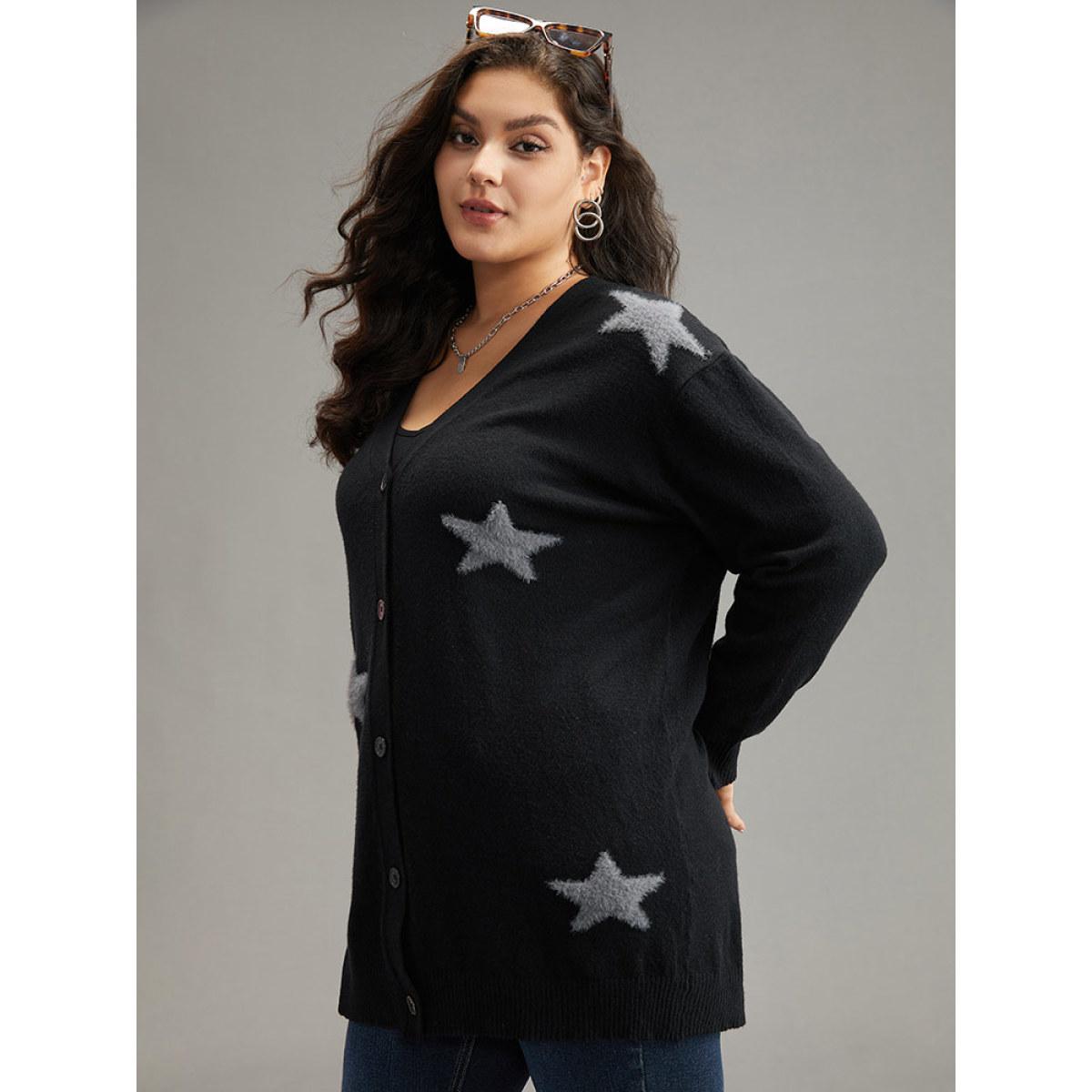 Plus Size Supersoft Essentials Star Button Through Cardigan Black Women Casual Loose Long Sleeve Dailywear Cardigans BloomChic 26/4X Product Image