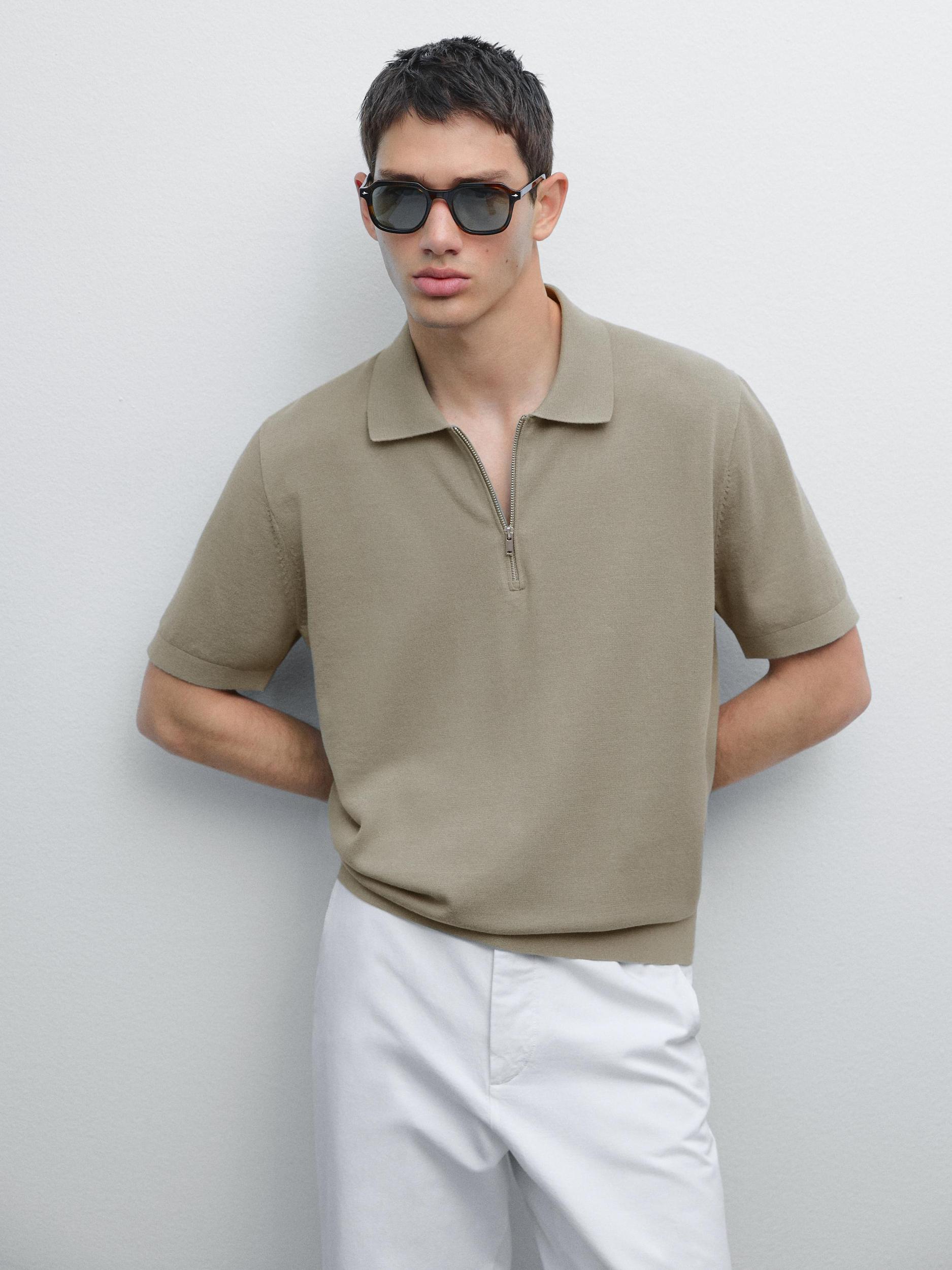 Cotton knit quarter-zip polo shirt Product Image