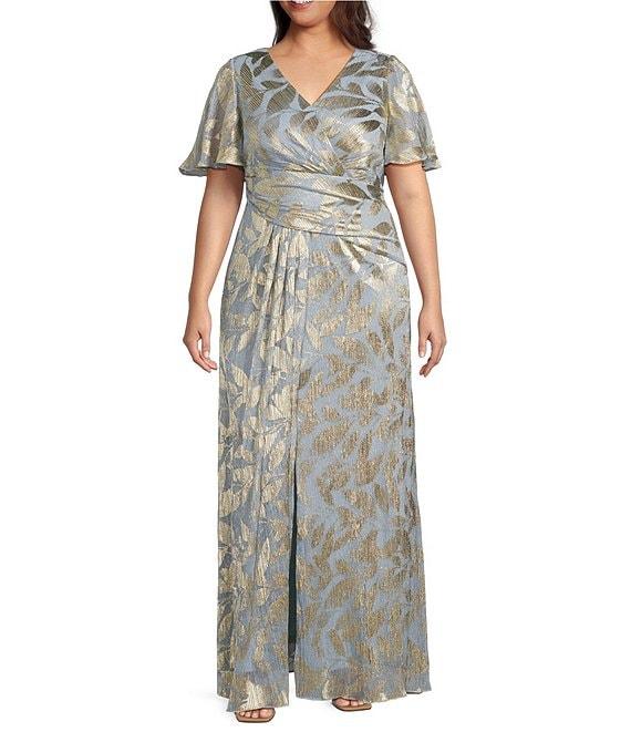 Adrianna Papell Plus Size V-Neck Flutter Sleeve Foil Leaf Printed Gown Product Image