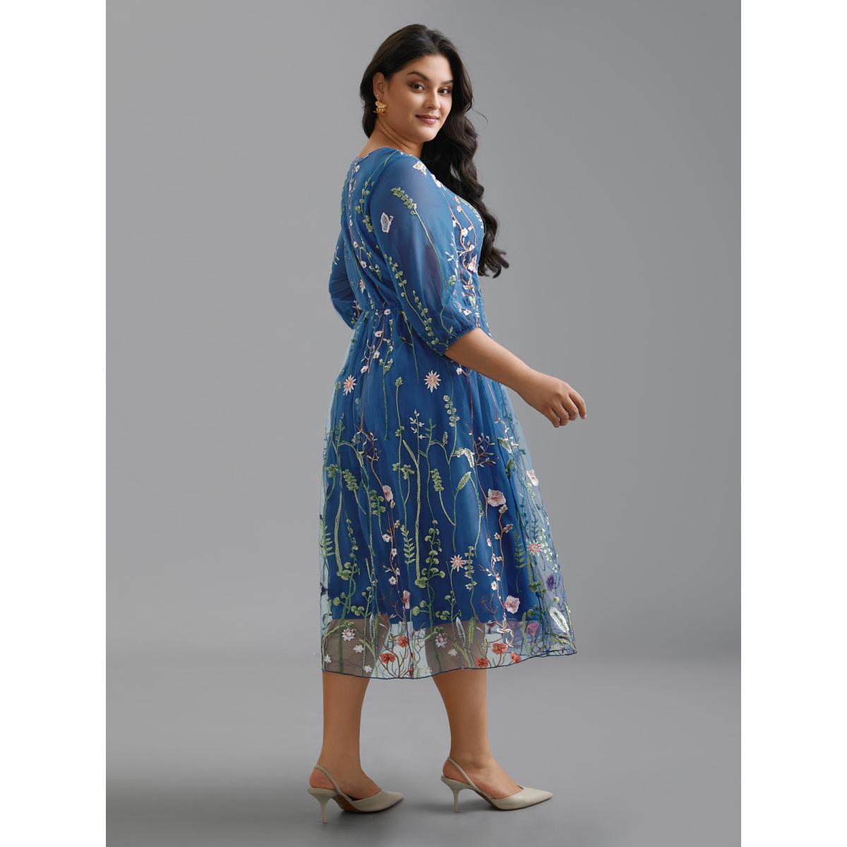 Plus Size Floral Embroidered Elastic Waist Lined Midi Dress Mediumblue Women Formal Texture Party Curvy Bloomchic 14-16/1X Product Image