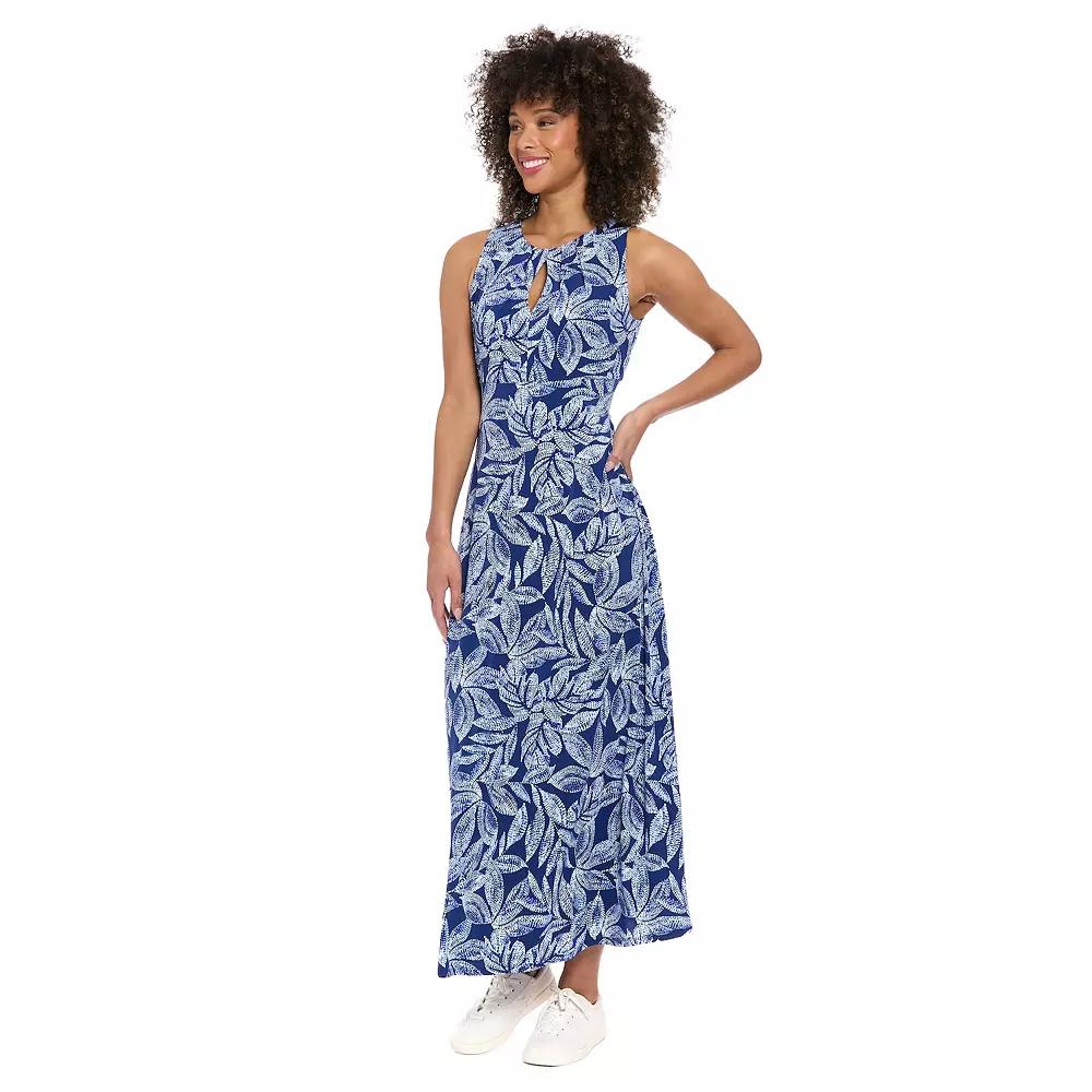 Women's London Times Falling Leaves Print Keyhole Neck Pleated Maxi Dress, Size: 14, Blue Product Image