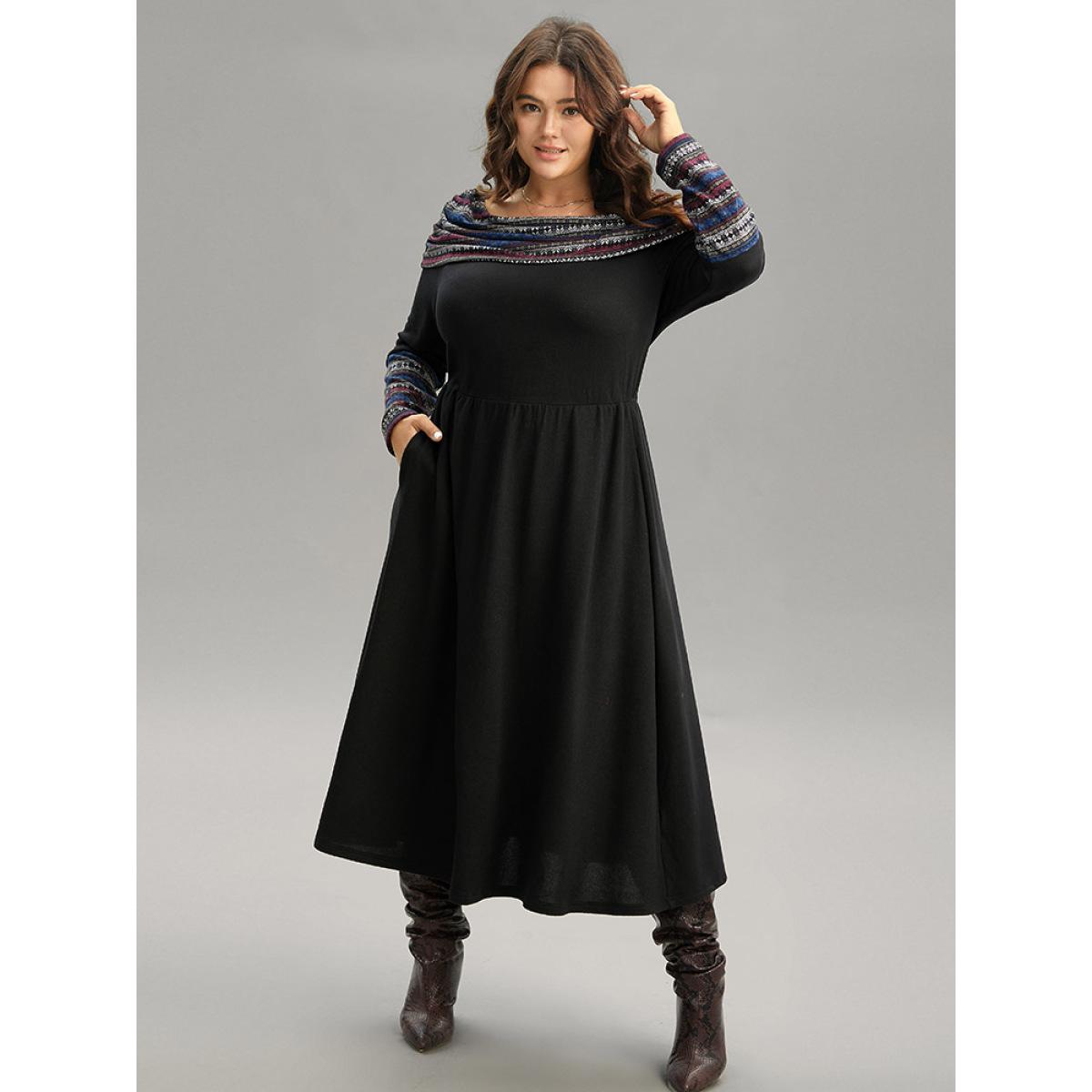 Plus Size Boat Neck Striped Contrast Gathered Dress Black Women Office Gathered Boat Neck Long Sleeve Curvy Midi Dress BloomChic 10/M Product Image