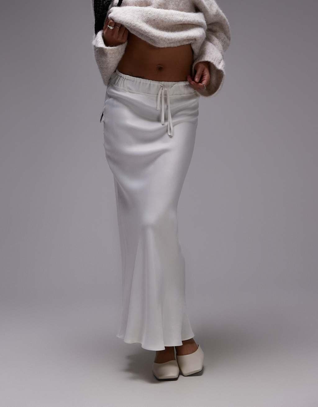 Topshop petite bias skirt with drawstring waist panel in ivory Product Image