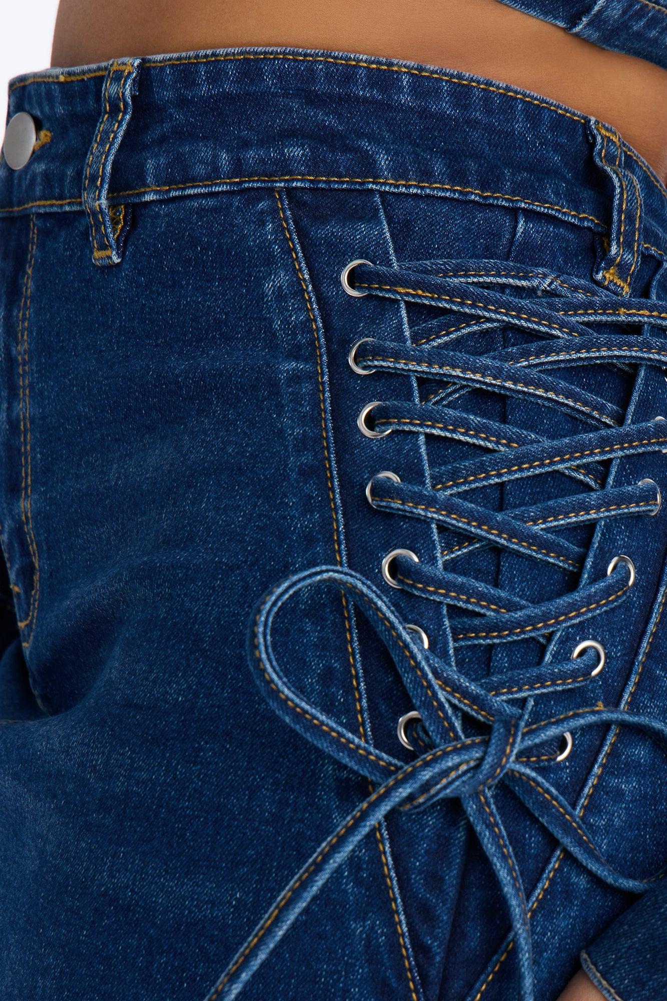 It's Showtime Lace Up Denim Mini Skirt - Dark Wash Female Product Image