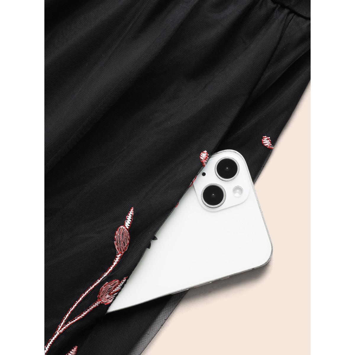 Plus Size Floral Embroidered Wrap Cap Sleeve Dress Black Women Cocktail Texture Overlap Collar Cap Sleeve Curvy BloomChic 30/6X Product Image