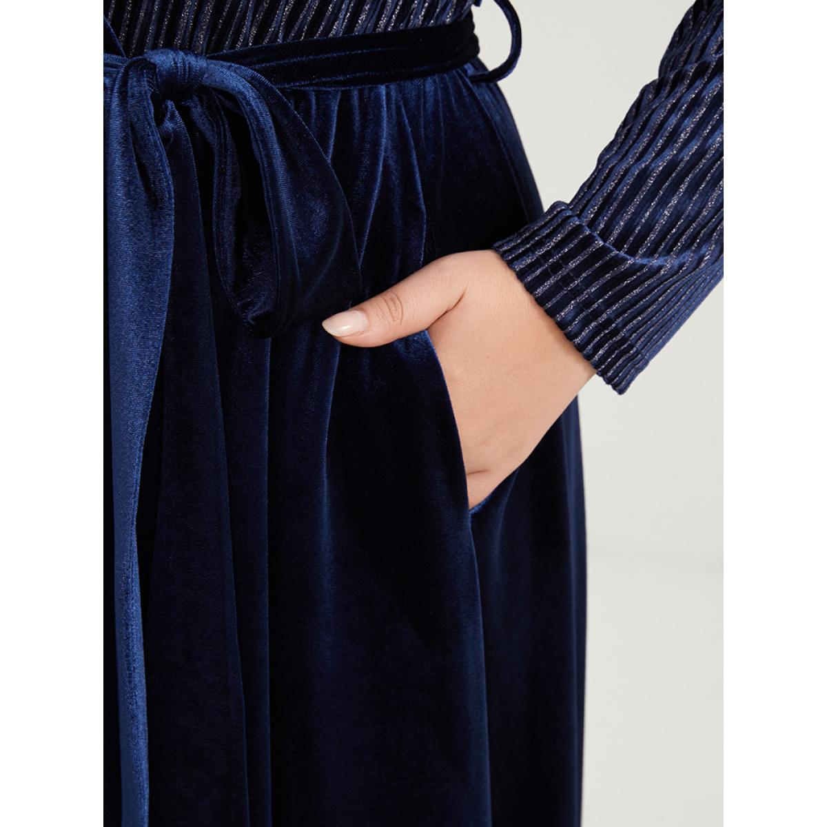 Plus Size Glitter Striped Patchwork Surplice Neck Pocket Belted Velvet Dress Indigo Women Party Belted V-neck Long Sleeve Curvy Midi Dress BloomChic 10/M Product Image