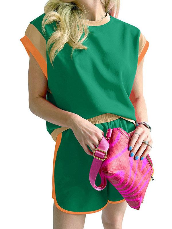 Contrast Color Short Sleeves Round-Neck T-Shirt + Elasticity Shorts Two Pieces Set Product Image