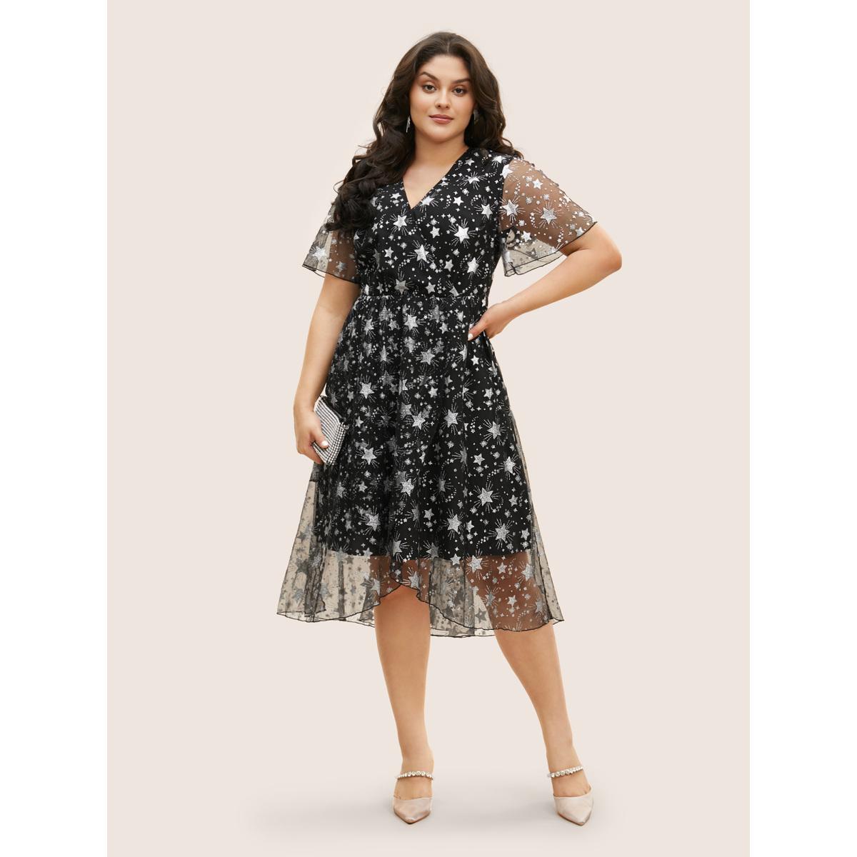 Plus Size Glitter Star Mesh Patchwork Ruffle Sleeve Dress Black Women Resort Gathered Overlap Collar Short sleeve Curvy BloomChic 30/6X Product Image